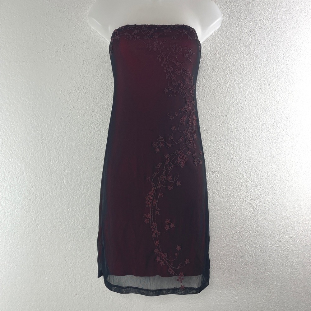 Vtg Poetry Clothing Strapless Beaded Mesh Mini Dress S Burgundy Whimsigoth Y2K